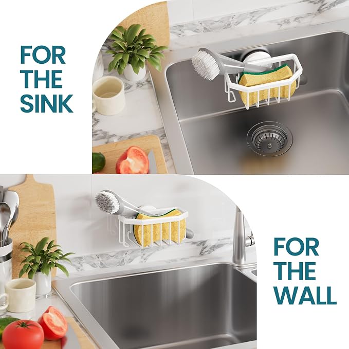 TAILI Sponge Holder for Kitchen Sink with Strong Suction Cup, Rustproof Aluminum Sink Caddy for Sponges, Brushes, Stoppers & Scrapers, White