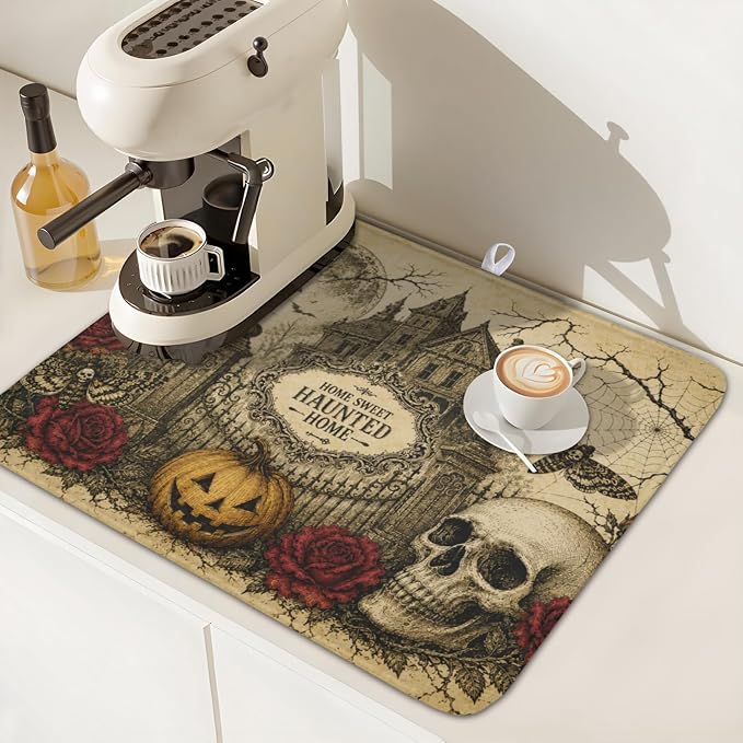 Halloween Pumpkin Dish Drying Mat for Kitchen Counter 16 x 18 Inch Ghost Castle Dish Drainer Mat Absorbent Microfiber Rose Skull Crow Dish Rack Pad for Coffee Dining Bar Decor
