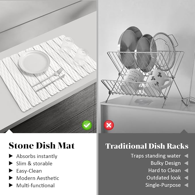 Stone Dish Drying Mats for Kitchen Counter, 24"(L)×16"(W) Wave - Pattern, Fast Drying Collapsible Dish Drying Mat, Eco-Friendly Absorbent Diatomaceous Earth Mats for Match Any Countertop