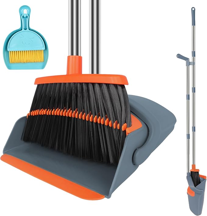 Broom and Dustpan Combo Set, 51" Long Handle Broom with Mini Set | Mini Set for Tables, Kitchens & Tight Spaces, Built-in Comb Dustpan, Foldable Space-Saving Storage, Multi-Surface Use