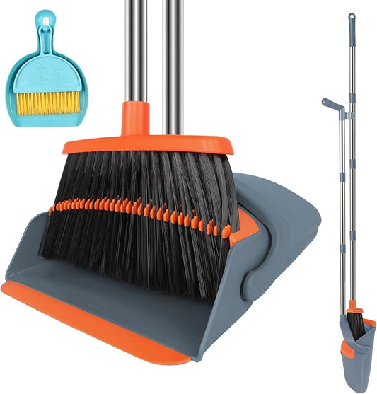 Broom and Dustpan Combo Set, 51" Long Handle Broom with Mini Set | Mini Set for Tables, Kitchens & Tight Spaces, Built-in Comb Dustpan, Foldable Space-Saving Storage, Multi-Surface Use
