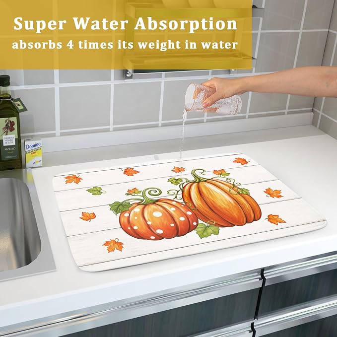 Fall Dish Drying Mat for Kitchen Counter Cute Pumpkin Festival Microfiber Absorbent Dish Draining Reusable Washable Foldable Extra Large 18"x24"