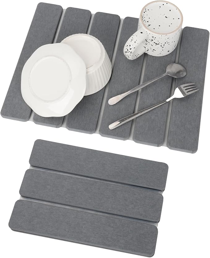 Stone Dish Drying Mat for Kitchen Counter, Eco-friendly, Instant Drying Pad,Diatomaceous Earth Water Absorbing Mat, Foldable and Super Absorbent Dish Drying Stone Mat, 16"×12", Dark Gray