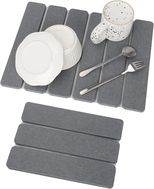 Stone Dish Drying Mat for Kitchen Counter, Eco-friendly, Instant Drying Pad,Diatomaceous Earth Water Absorbing Mat, Foldable and Super Absorbent Dish Drying Stone Mat, 16"×12", Dark Gray