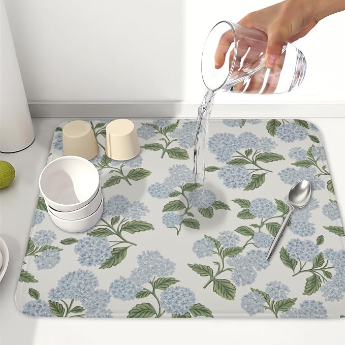 Blue Hydrangea Floral Dish Drying Mat for Kitchen Counter Spring Summer Vintage Flower Microfiber Dish Drainer Mat Rustic Farmhouse Absorbent Washable Drying Pad 16"x18"