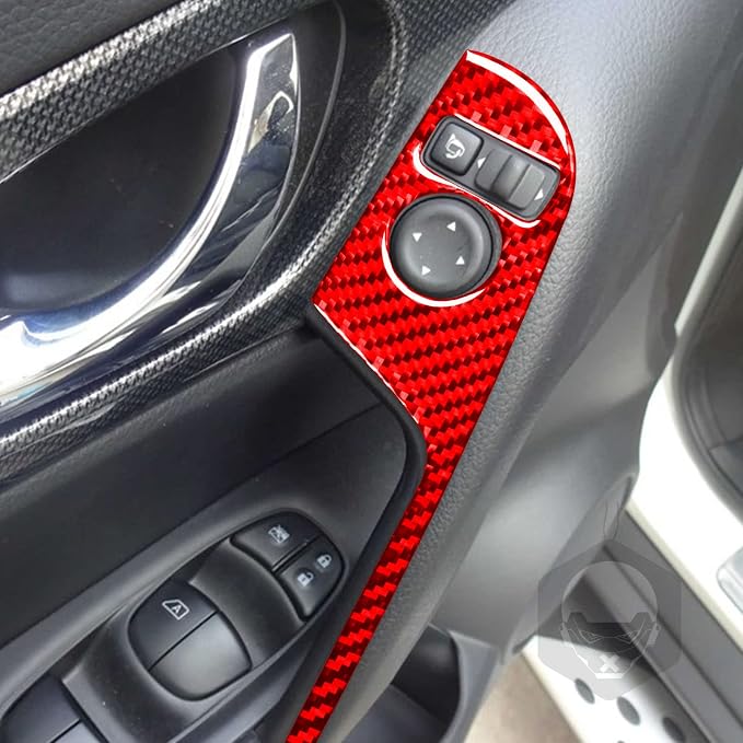 Red Real Carbon Fiber Trim for Nissan Rogue Accessories | for 2014-2020 / Rogue Sport 2017-2022 Side Mirror Control Sticker Interior Thick Overlay Decal