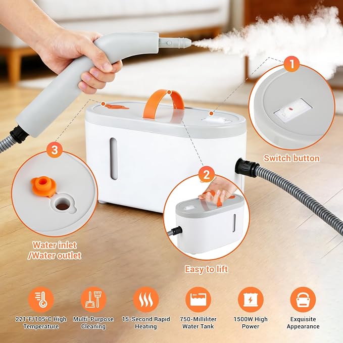 Steam Cleaner, Portable Handheld Pressurized Steam Cleaner | With 9 Accessories,15s Fast Heat-Up, Steam Cleaner For Home, Tile, Grout, Bathroom, Kitchen, Car Interior, Car