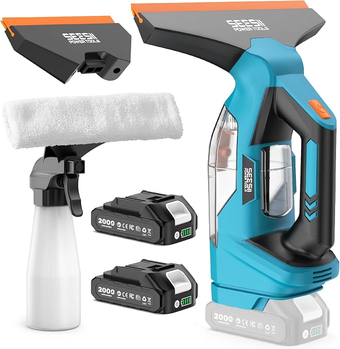 SEESII Cordless Window Vacuum Squeegee 2X 2000mAh for Glass Window | 11" and 6.7" Squeegees, 2000Pa, 120Mins, Two Batteries,150ml Water Tank