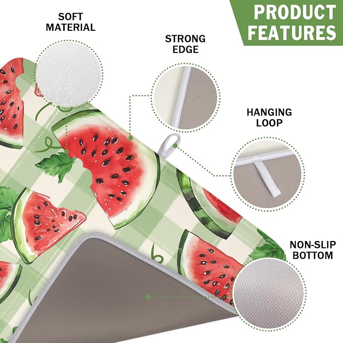 Summer Dish Drying Mat for Kitchen Counter Watercolor Watermelon Green Buffalo Plaid Microfiber Dish Drainer Mat Rustic Absorbent Washable Drying Pad 16"x18"