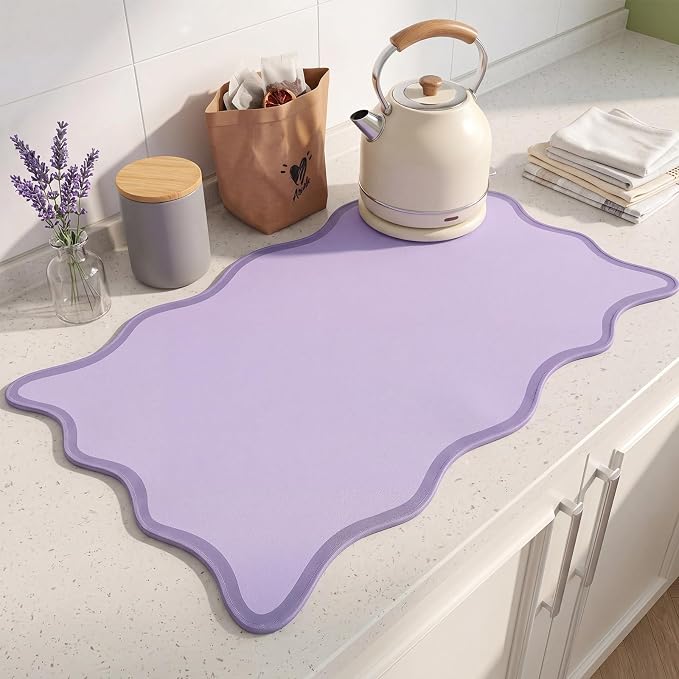 Nuanchu Purple Scalloped Coffee Mat 12" x 19" Coffee Bar Accessories Cute Dish Drying Mat for Kitchen Counter Aesthetic Waterproof Coquette Drainer Pad