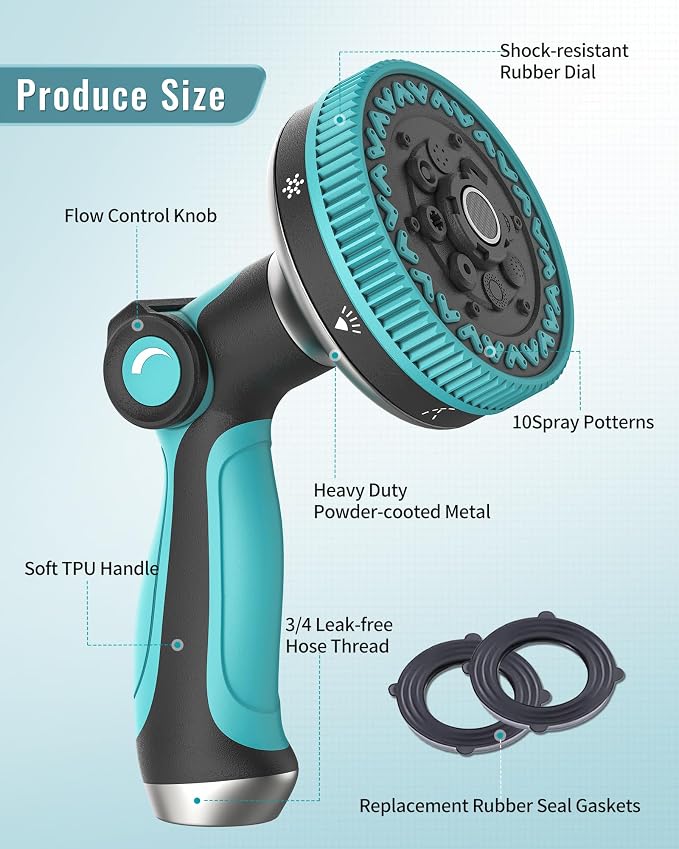 Water Hose Nozzle, Heavy Duty Water Hose Sprayer with 3.5" Ultra-Wide Spray, 8 Adjustable Modes - Ergonomic Thumb Control, Anti-Slip Grip for Watering, Car Washing, Pets, Garden