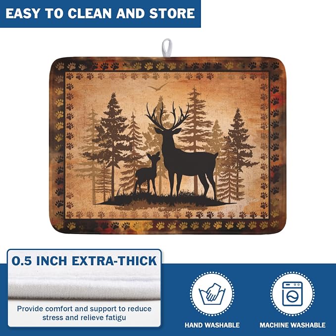 Giwawa Forest Deer Dish Drying Mat Wildlife Animal Dishes Pad 18"x24" Microfiber Absorbent Fast Dry Drainer Rack Mats for Kitchen Countertop Decor