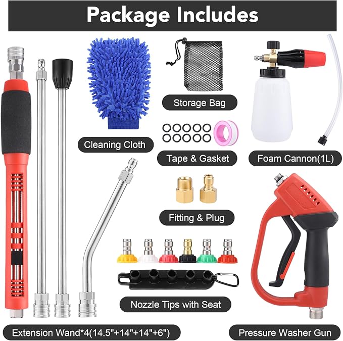 18-Pc Pressure Washer Accessory Kit with Foam Cannon, 5000 Psi | M22 14/15 Mm & 3/8 In Fit, 1/4 In Quick Connect, 6 Nozzle Tips, Brass/Stainless Steel, For Car, Siding, Gutter Cleaning