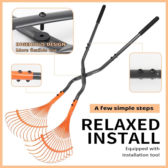 Leaf Grabber Rake with Long Handle, Black and Orange, Heavy-Duty Garden Lawn Cleanup Tool