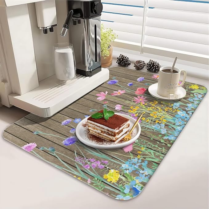 Dish Drying Mat 2-Pack, Wood Floral For Kitchen Counter Dishes Drying | Diatom Mud Mats (18x24, 19.5x12"). Non-slip rubber back for kitchen counter, coffee bar & sink scenes
