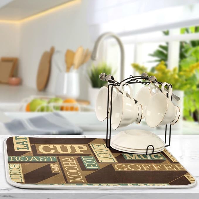 Super Absorbent Dish Drying Mat, Microfiber Fast-Drying Dish Mat, 16" x 18", Kitchen Dish Drying Pad, Coffee Themed Seamless Retro