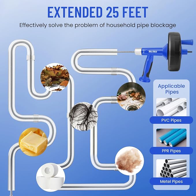 BULLTOOLS Drain Auger, 25FT Drain Clog Remover with Drill Adapter, Flexible Snake Drain Hair Removal Tool for Kitchen Sink, Bathtub, and Shower Comes with Gloves and Storage Bag