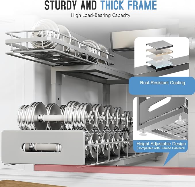 Under Sink Organizer Upgrade To Professional Rails,2-Tier Dual Pull Out Cabinet Storage,Height Adjustable Slide Out Drawers For Bathroom Kitchen,2 Pack-18.5"Dx12.8"-16.9"H,Gun Gray