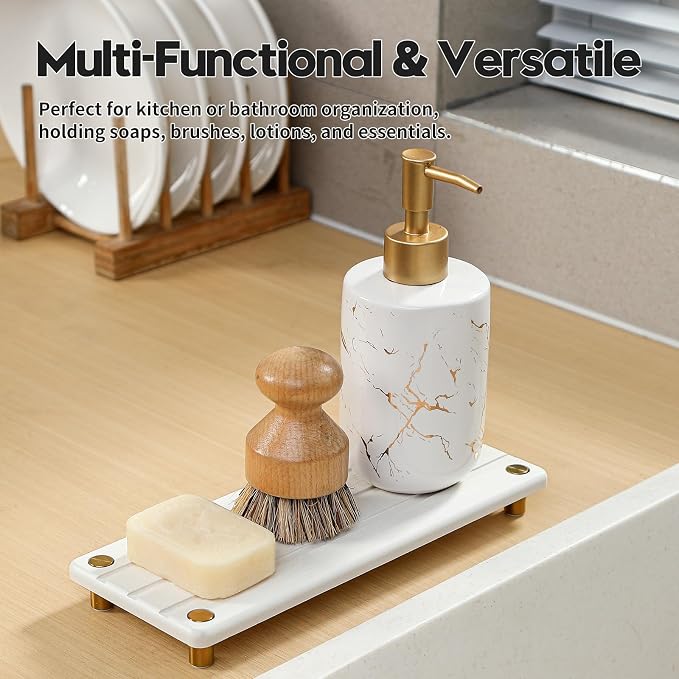 Razborci Instant Dry Sink Caddy Kitchen Sink Organizer, Quick Drying Diatomaceous Earth Stone Sink Tray Sponge Holder Soap Dish, Bathroom Countertop Vanity Dispenser Toothbrush, Gold White, 10" x 4"