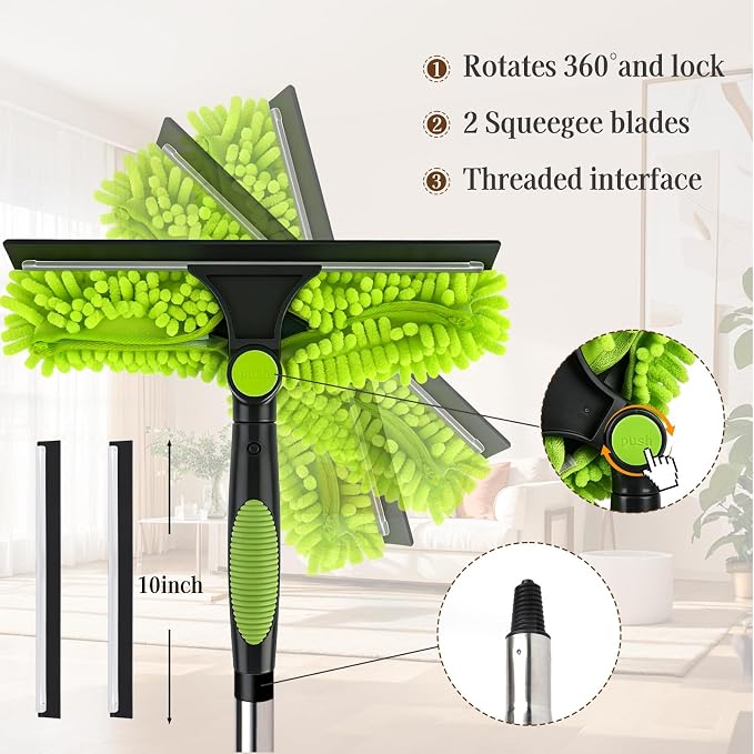 67" Window Squeegee for Window Cleaning with Extension Pole, 3-in-1 | Rotatable Lock Design,Stainless, Professional Window Cleaner Tool Kit for Indoor Outdoor High Windows,Car Glass,Shower Doors