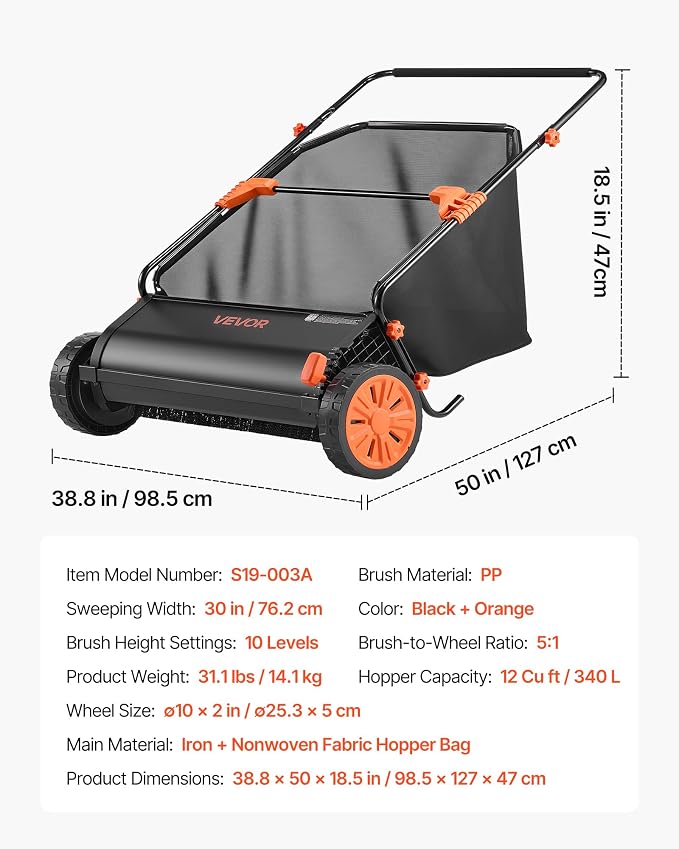 VEVOR Push Lawn Sweeper 30 in Leaf & Grass Collector 12 cu. ft. Hopper Bag | Heavy Duty Yard Sweeper with Adjustable Brush Height, Spinning Brushes, Rubber Wheels for Leaves Grass Cleanup, Black/Orange