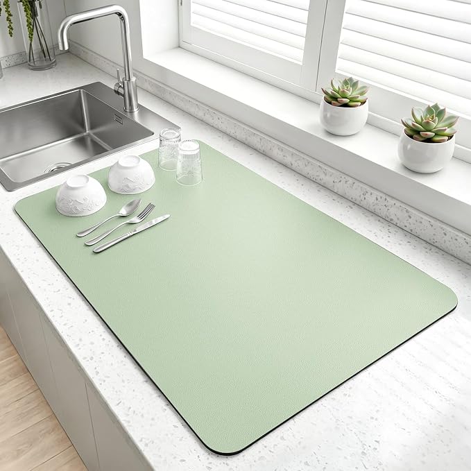 LOPNUR Kitchen Dish Drying Mat, 24"x16" Dish Drying Mats for Kitchen Counter, Diatomite Coffee Mat, Super Absorbent Dish Drying Pad, Heat Resistant Mat with Anti-slip Rubber Backed, Sage Green