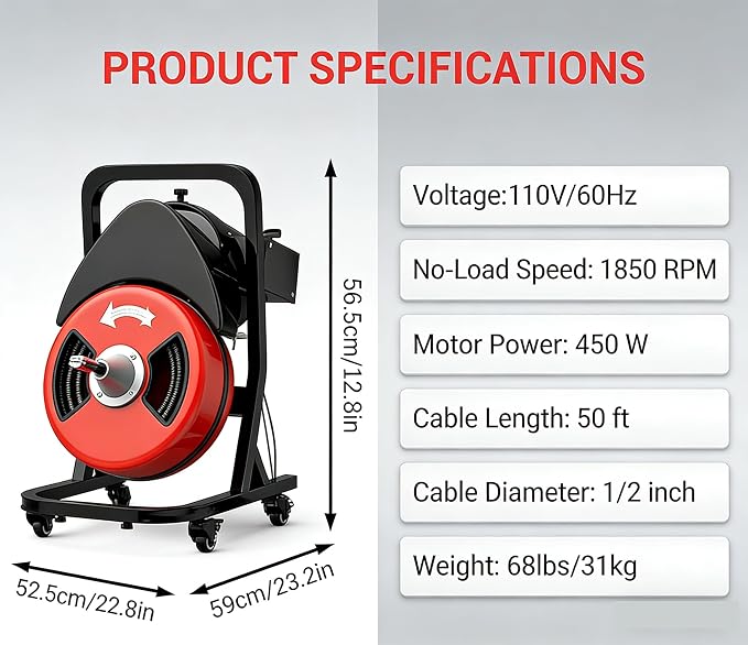 50FTx1/2 Inch Drain Cleaner Machine with Wheels, Sewer Snake Electric Drain for 2" to 4" Pipes, Plumbing Snake Auger Cleaner with 6 Cutter & Foot Switch for Sewer, Sink, Toilet, Bathroom