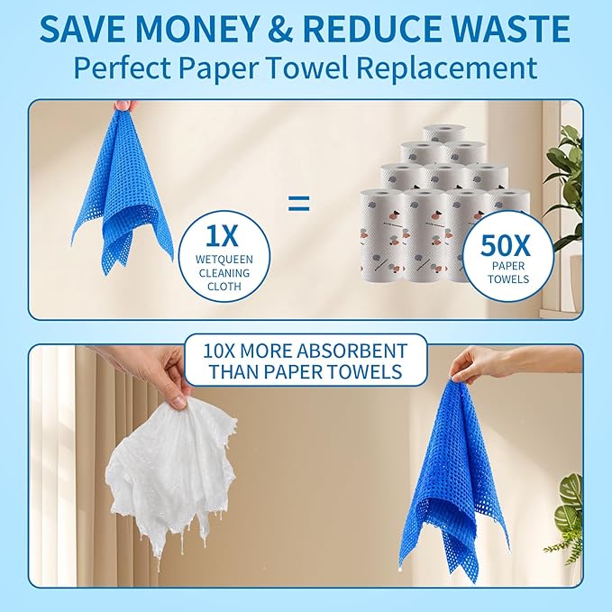 WETQUEEN Upgrade 60 Pack Microfiber Cleaning Cloth Roll - 11.8" x 11.8" Bubbled Reusable Rag for House, Kitchen, Car & Window - Tear Away Dish Rags & Wipe - 1 Roll Replaces 50 Paper Towels - Blue