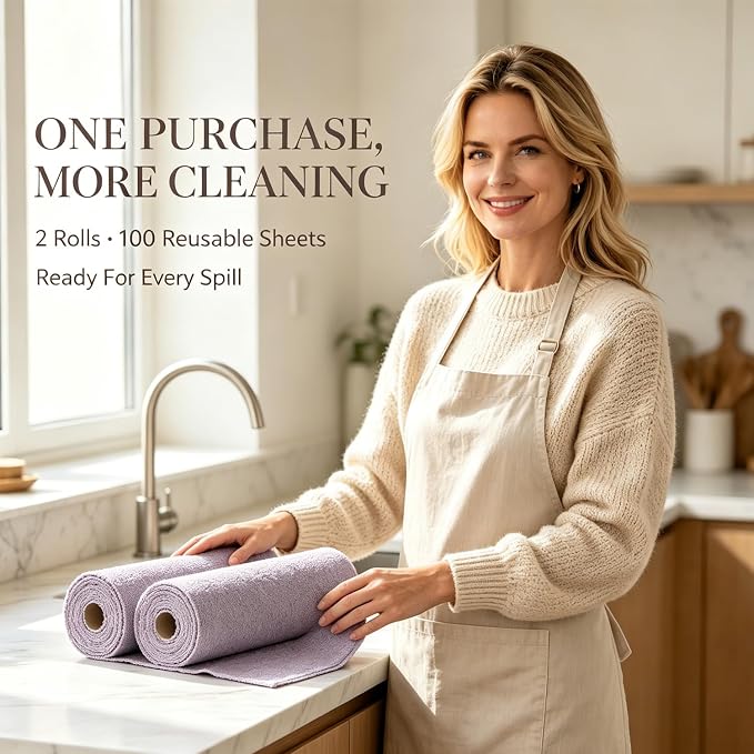Jessy Home 2 Roll Reusable Paper Towels,100 Sheets Tear Away Microfiber Cleaning Cloth, Lint Free Cleaning Rags for Kitchen, Dishcloth,Household Cleaning Supplies