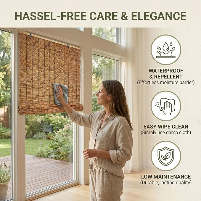 Bamboo Roll up Blinds Outdoor, Weather Resistant Bamboo Roller Shades for Patio Porch Pergola, Sun Blocking Reed Privacy Screen Window Sun Shade, Cordless(44" W x 36" H)