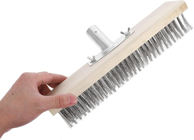 Heavy Duty Outdoor Scrub Brush with Stainless Steel Wire Bristles, 30cm Floor Scrubber Brush with Long Wooden Handle for Moss Removal and Hard Surface Cleaning on Patio, Garage,