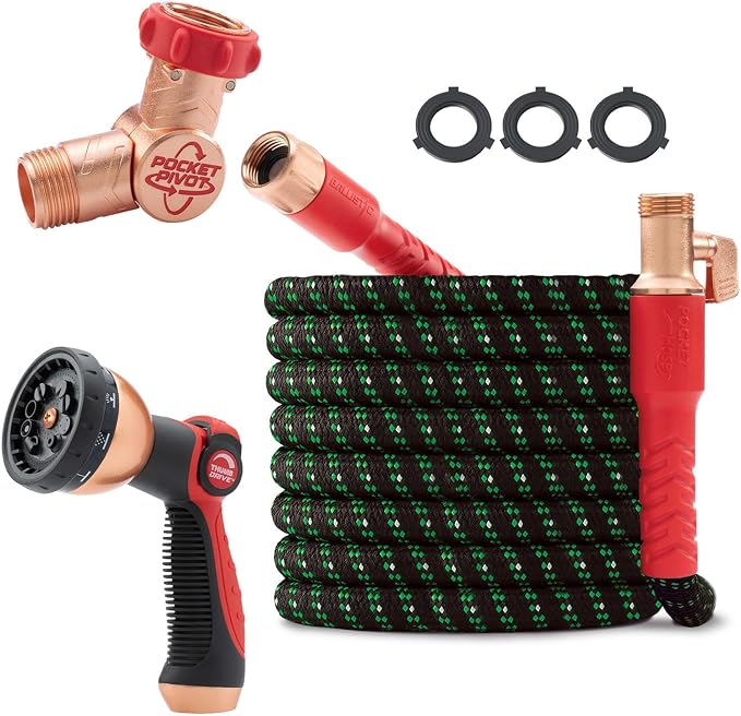 Pocket Hose Ballistic Double UV 75 FT Garden Hose, As Seen on TV | Anti-burst sleeve reinforced with bulletproof fiber, 360° swiveling pocket pivot connector, lightweight compact design