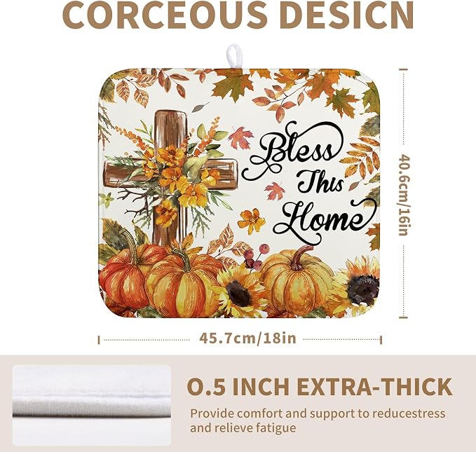 Fall Drying Mat for Kitchen Counter Autumn Thanksgiving Pumpkin Cross Dish Mat Sunflower Maple Leaf Absorbent Microfiber Dish Draining Mat Reusable Dishes Pad Medium 16"x18"