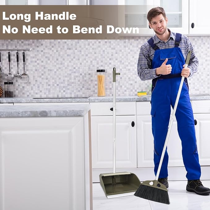 Upgrade Broom with Dustpan Combo Set,48'' Long Handle Stiff Broom Bristles with Heavy Duty Dust Pan,Indoor Outdoor Easy Sweeping for Kitchen Lobby Garage Home