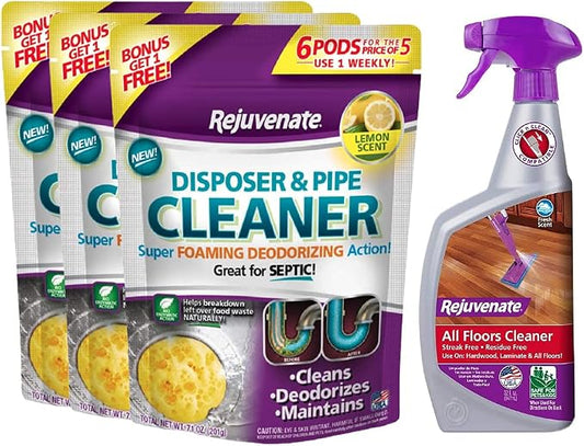 Rejuvenate Garbage Disposal and Drain Pipe Cleaner Pods Powerful Foaming Action and Removes Garbage Disposal Smells 6 Unit Pack x2 Lemon Scent w High Performance All-Floors Cleaner
