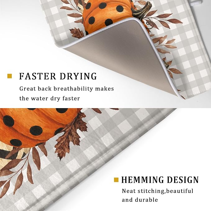 Halloween Dish Drying Mat for Kitchen Counter Pumpkin Brown Leaves Festival Microfiber Absorbent Dish Draining Reusable Washable Foldable Extra Large 18"x24"