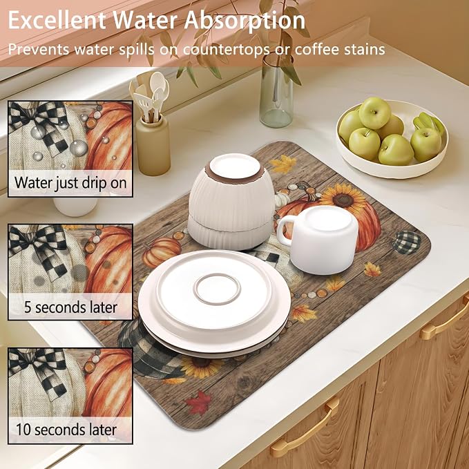 Fall Dish Drying Mat 2-Pack Plaid Pumpkin for Kitchen Counter Dishes Mat | Diatom Mud Mats (18x24, 19.5x12"). Non-slip rubber back for kitchen counter, coffee bar & sink scenes