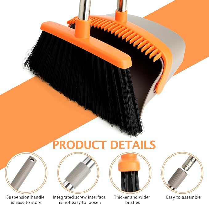2-Pack Broom and Dustpan Combo Set, Long Handle, Gray Orange | Standing Dustpan, Heavy Dust,House Accessories for Home, Kitchen, Office, Pet Hair