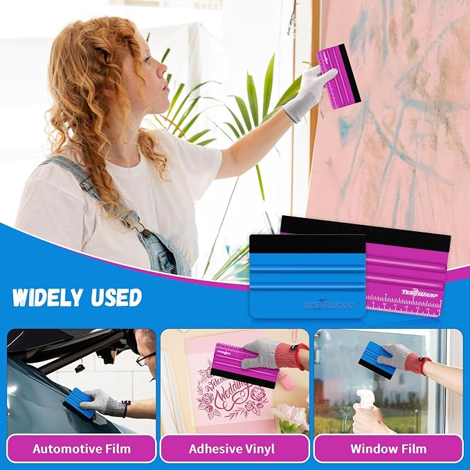 TECKWRAP Professional Felt Squeegee for Vinyl, 20 PCS | Plastic Felt Squeegee Tool, For Decals Inkjet Vinyl Sticker Paper, Wallpaper Application Tools, 6" Pitaya×10 & 4" Blue×10