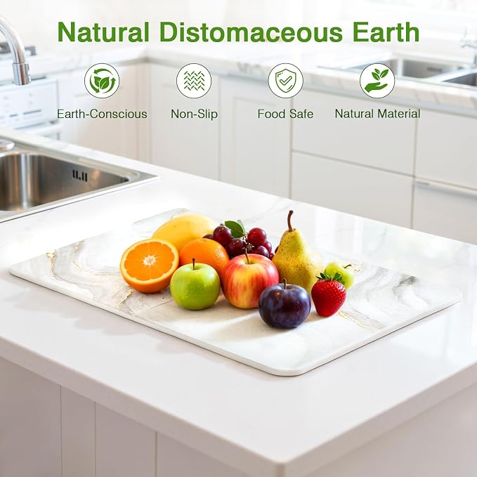 Luxspire Large Stone Drying Mat for Kitchen Counter 24"x16"- Fast-Absorbing Dish Drying Mat Non-Slip Stone Dish Drying Mat for Dishes, Cups Waterproof Counter Protector for Kitchen Bath, Marble Gold