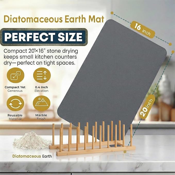 Stone Drying Mat for Kitchen Counter with 5 Wooden Feet | Bamboo Rack | 19.7"×15.7" Diatomaceous Earth Dish Drying Mat, Elevated Drying Stone Mat for Modern Kitchen Countertop