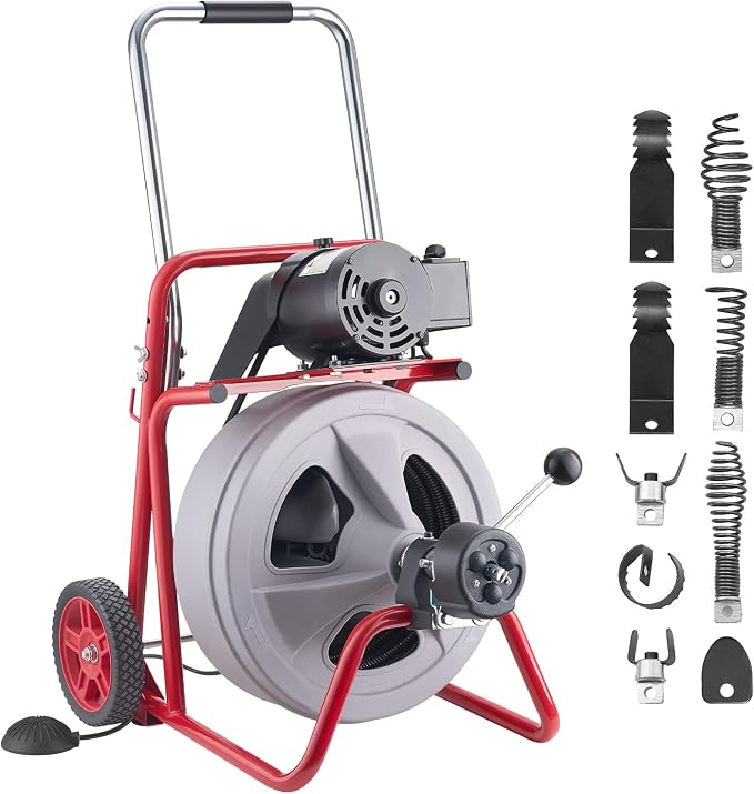 VEVOR Drain Cleaner Machine 75 FT x 1/2 Inch, Auto Feed Sewer Snake Drain Auger on Wheels, Portable Drain Cleaning Machine with 8 Cutters & Air-Activated Foot Switch for 2" to 6" Pipes