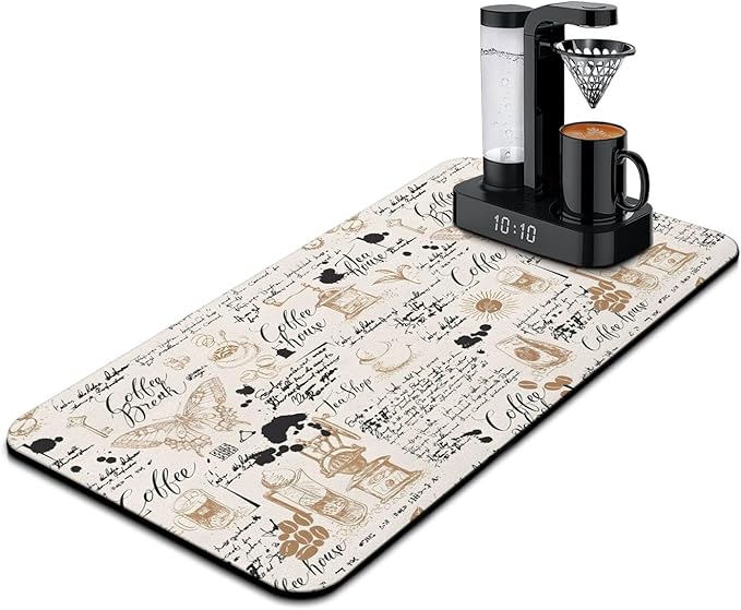 Coffee Mat 17inx31.5in, Coffee Bar Mat for Countertops, Absorbent, Hide Stain, Anti-Slip, Dish Drying Mat