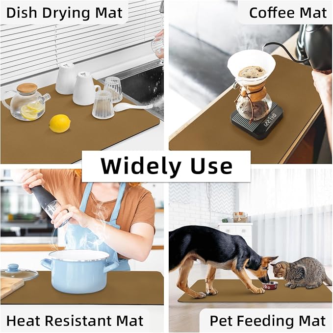 LOPNUR Kitchen Dish Drying Mat, 31.5"x17" Dish Drying Mats for Kitchen Counter, Diatomite Coffee Mat, Super Absorbent Dish Drying Pad, Heat Resistant Mat with Anti-slip Rubber Backed, Brown
