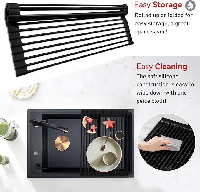 MERRYBOX Roll Up Over The Sink Dish Drying Rack Silicone Wrapped Foldable, Heat-Resistant, Anti-Slip Sink Rack Multipurpose Dish Drainer for Kitchen Sink Counter - Black, 17.5" x 11"