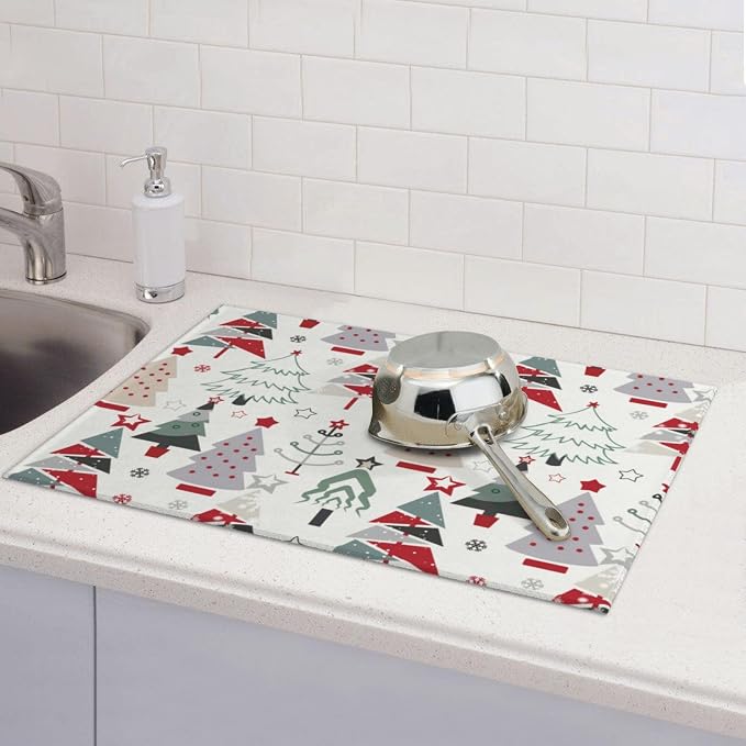 Beautiful Christmas Tree Dish Drying Mat For Kitchen Counter, Super Absorbent Microfiber Dish Drying Pad, Kitchen Gadgets For Easy Clean Multi-Use Large 18"x24"