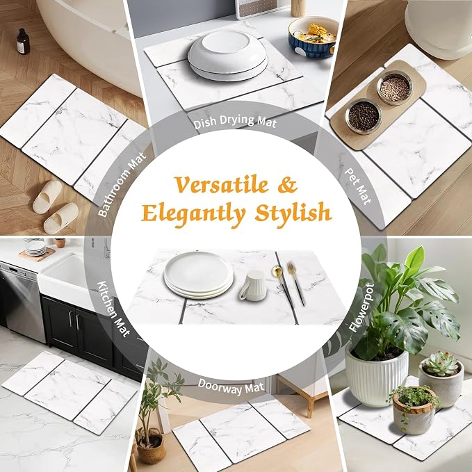 Stone Dish Drying Mat for Kitchen Counter, 24''×15'' Dishes Drying Matt Kitchen Counter, Absorbent Diatomaceous Earth Bath Quick Dry Mats for Tableware, Bottles and Cup(White Marble)