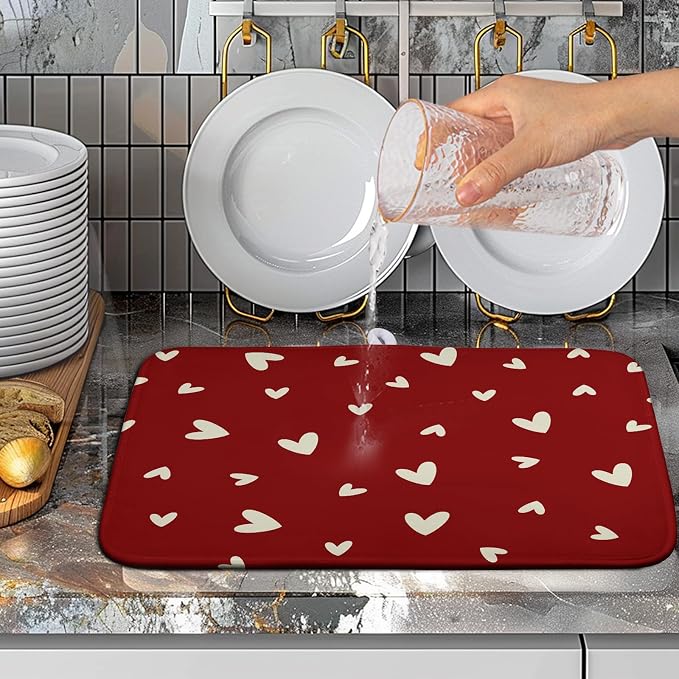 Valentine's Day Love Heart Dish Drying Mat for Kitchen Counter 16x18 Inch Valentine Theme Dish Mats Absorbent Microfiber Dish Draining Mat Reusable Washable Dish Drainer Rack Pad