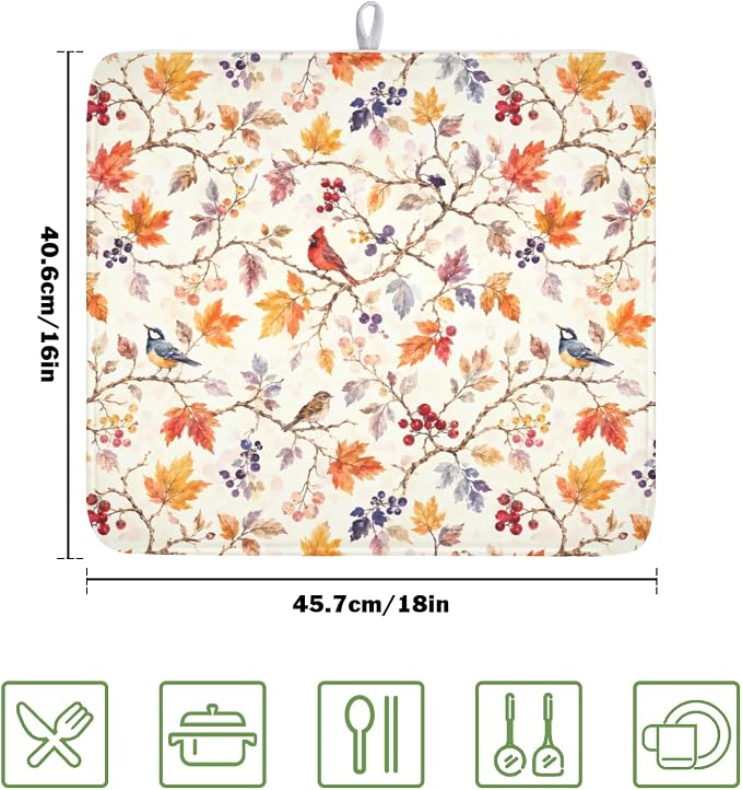 Fall Dish Drying Mat for Kitchen Counter Autumn Harvest Watercolor Maple Leaves Birds Dish Drainer Mat Rustic Farmhouse Absorbent Washable Drying Pad 16"x18"