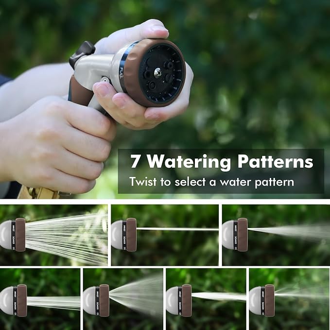 RESTMO Garden Hose Nozzle, Heavy Duty Metal Water Hose Nozzle with 7 Adjustable Spray Patterns, High Pressure Hand Sprayer with Flow Control, Best for Watering Plant & Lawn, Washing Car & Pet, Brown